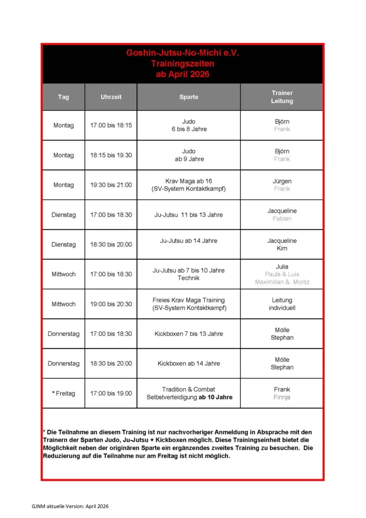 Trainingszeiten ab April 2026